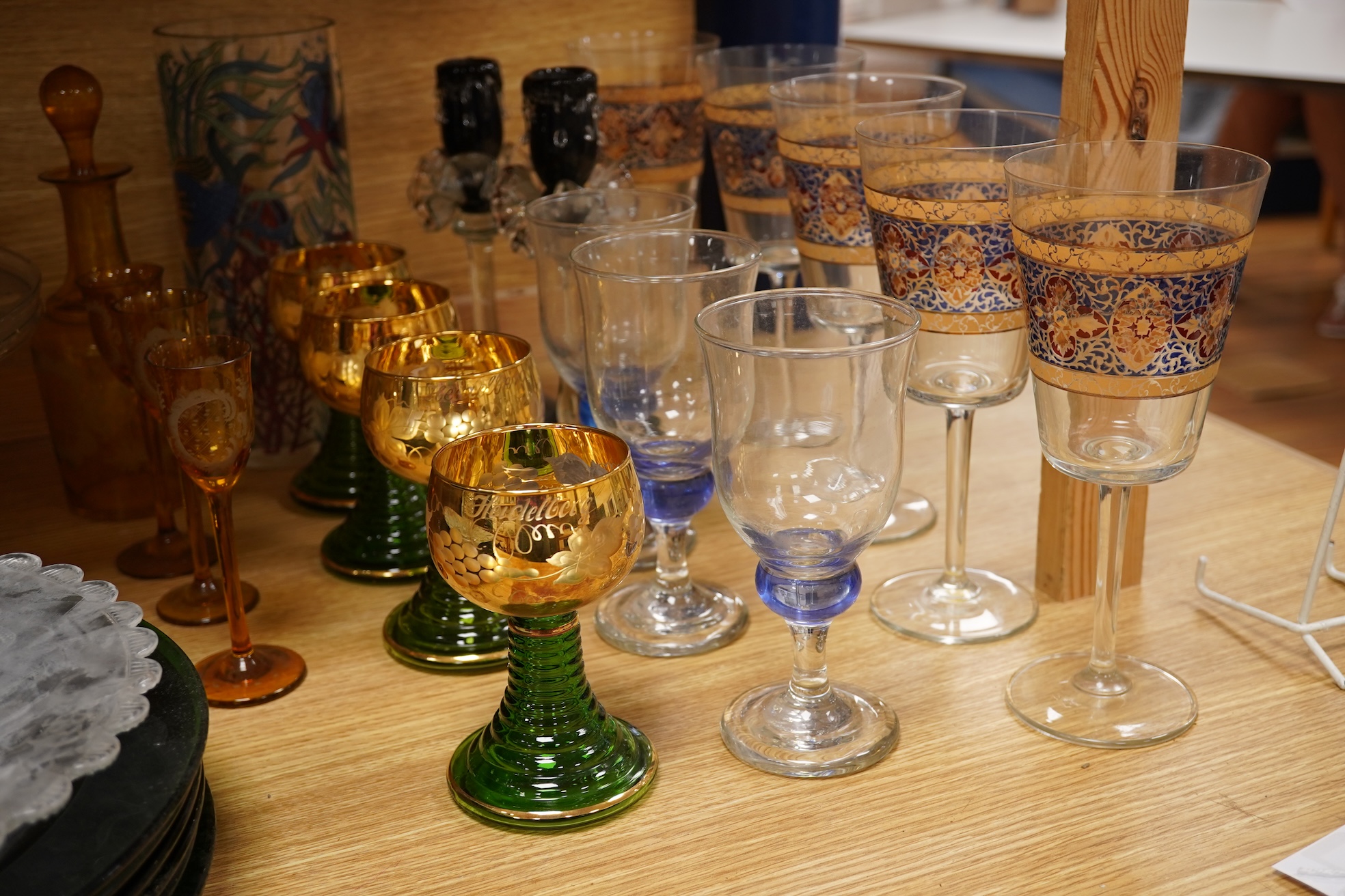 A quantity of 20th century coloured and clear glassware together with a mid 18th century Silesian stem glass tazza, largest 33cm in diameter